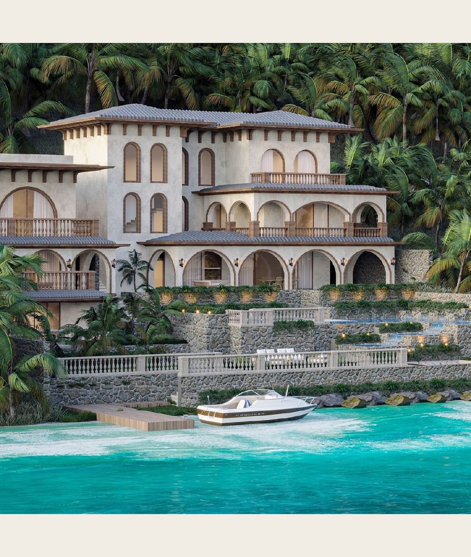 Beautiful Mediterranean-style Sogno Villa, with large windows, balconies, and a stunning ocean view at A'ila Villas