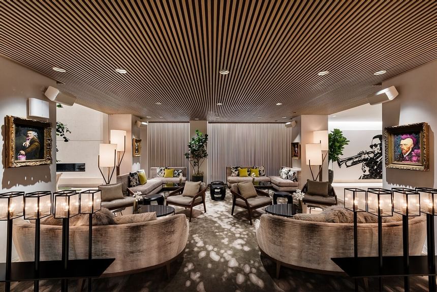 White color chairs & sofa in Hotel Lobby at Dream Hollywood.