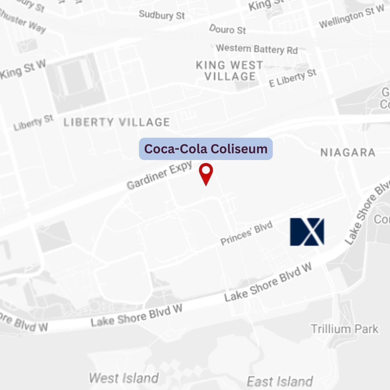 Map showing a location pin near Coca-Cola Coliseum, with the Hotel X Toronto logo marked along Lake Shore Blvd West