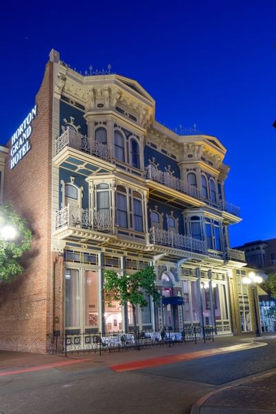 Exterior view of Horton Grand Hotel at night