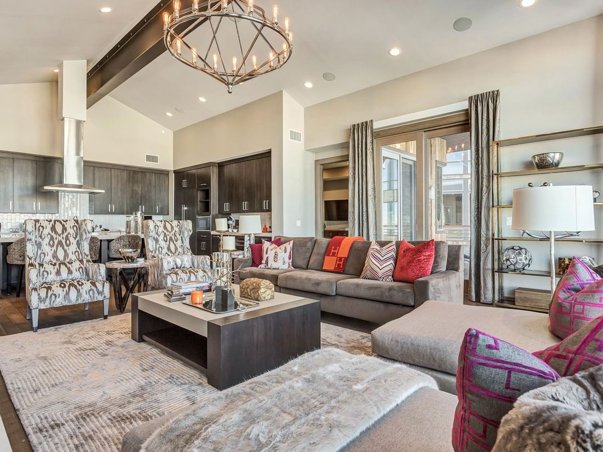 Living room area with modern interior in Five-Bedroom Park City Hotel Suites at Stein Eriksen Residences