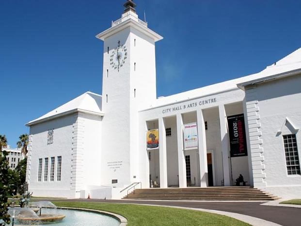 The exterior of City Hall & Art Centre near Royal Palms Hotel