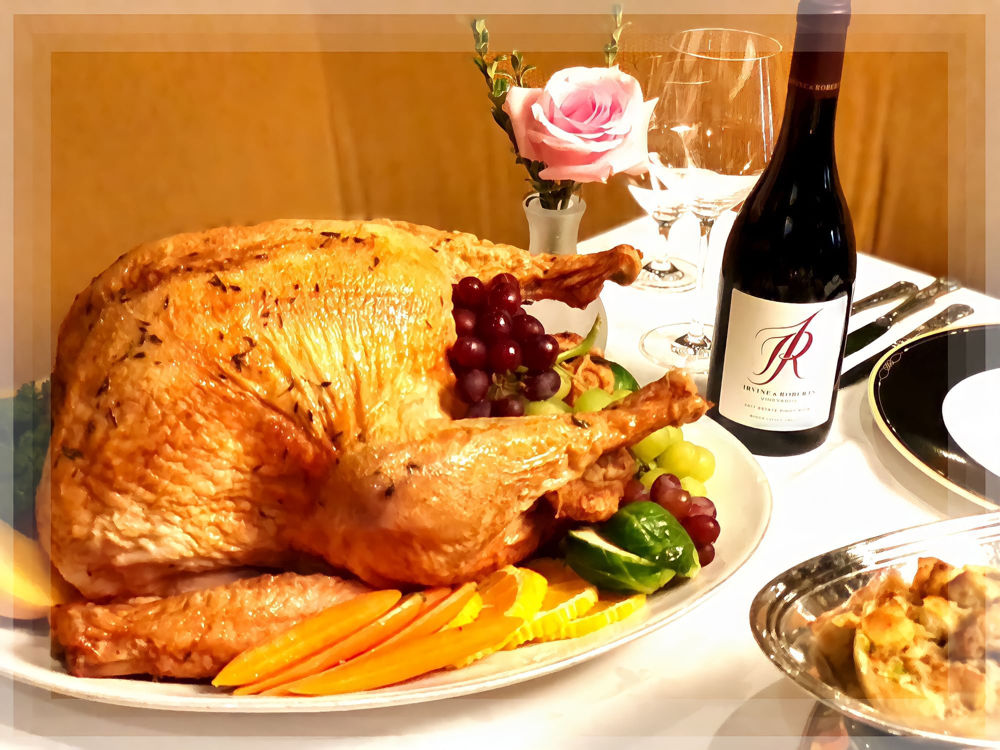 Close-up of thanksgiving turkey & wine at Mission Inn Riverside