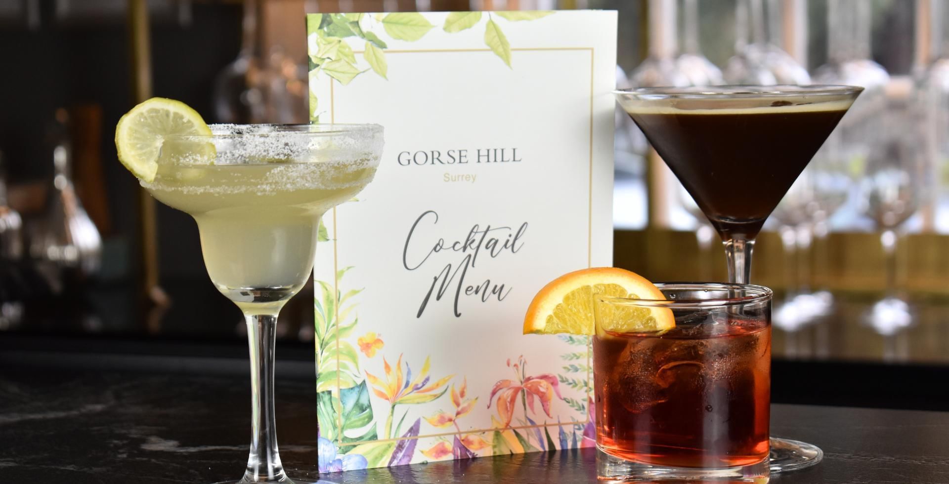  cocktail menu with cocktails by it at gorse hill in woking