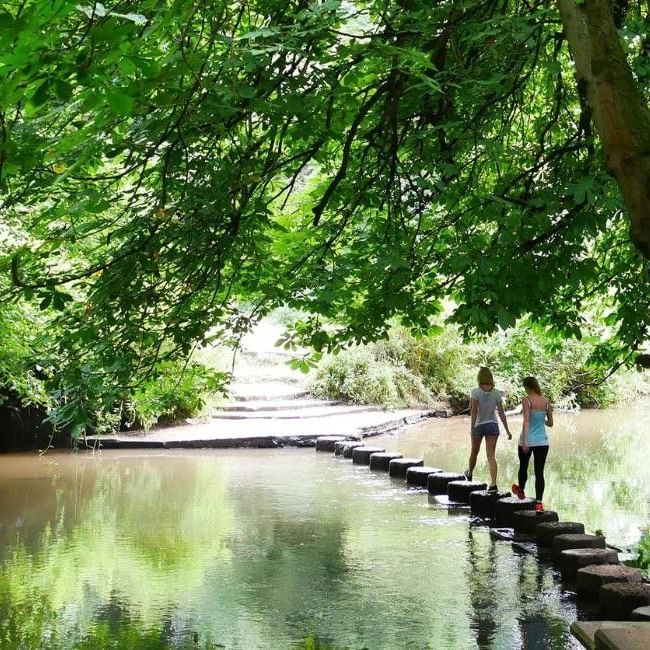 Two people crossing stepping stones over a tranquil river surrounded by lush green trees in the Surrey Hills countryside