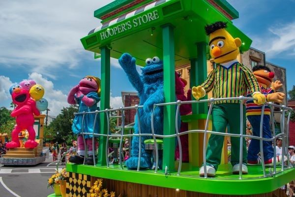 Characters dancing at the Sesame Street Party Parade at SeaWorld Orlando