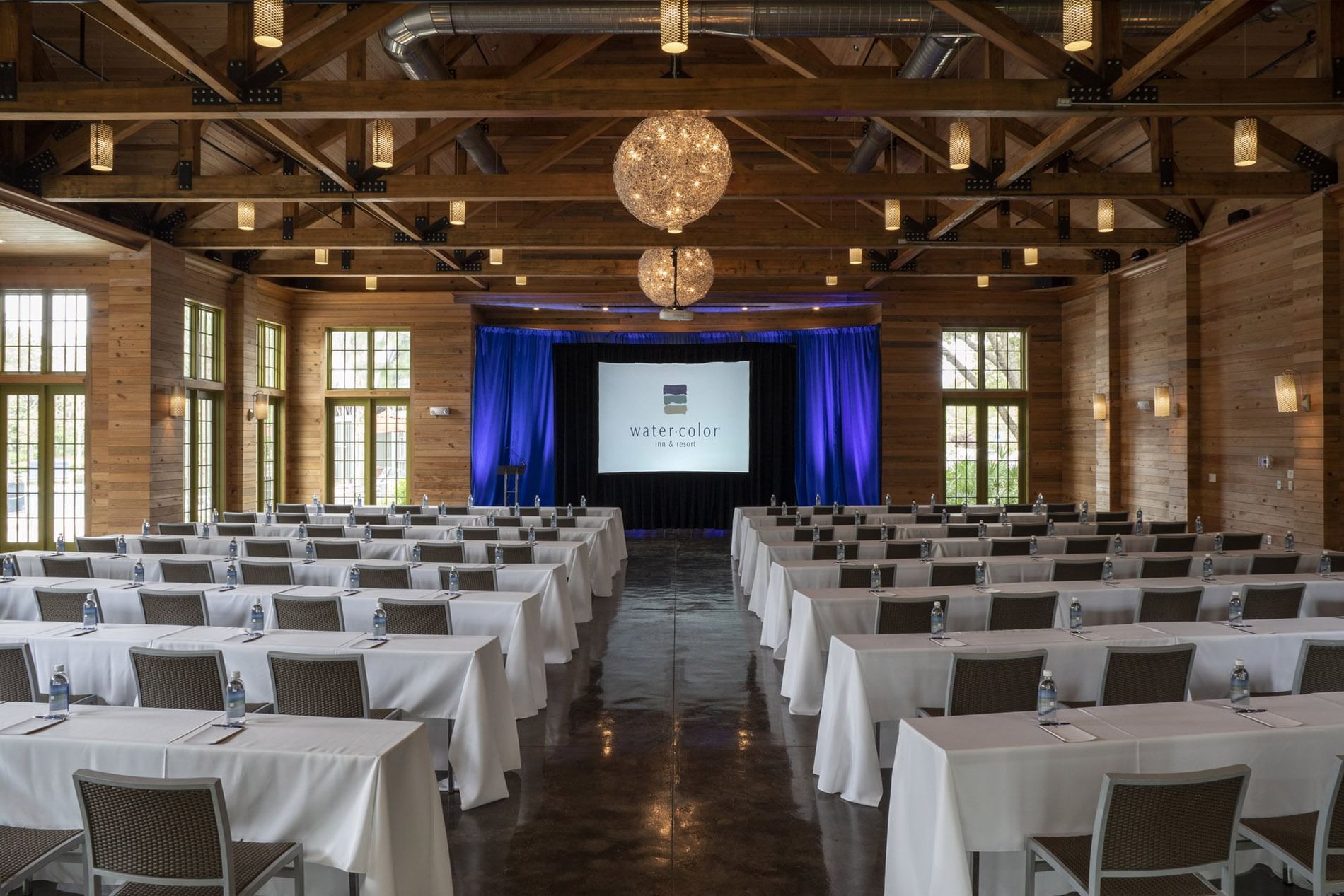 Classroom table setup in a meeting room at WaterColor Inn