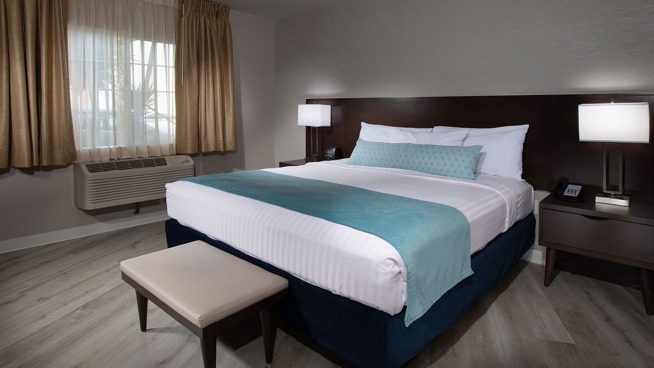 King bed with white and teal bedding, window, and nightstands