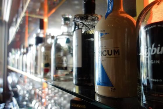 Close-up of bottles of Gin on a rack in a bar at Hotel Sternen