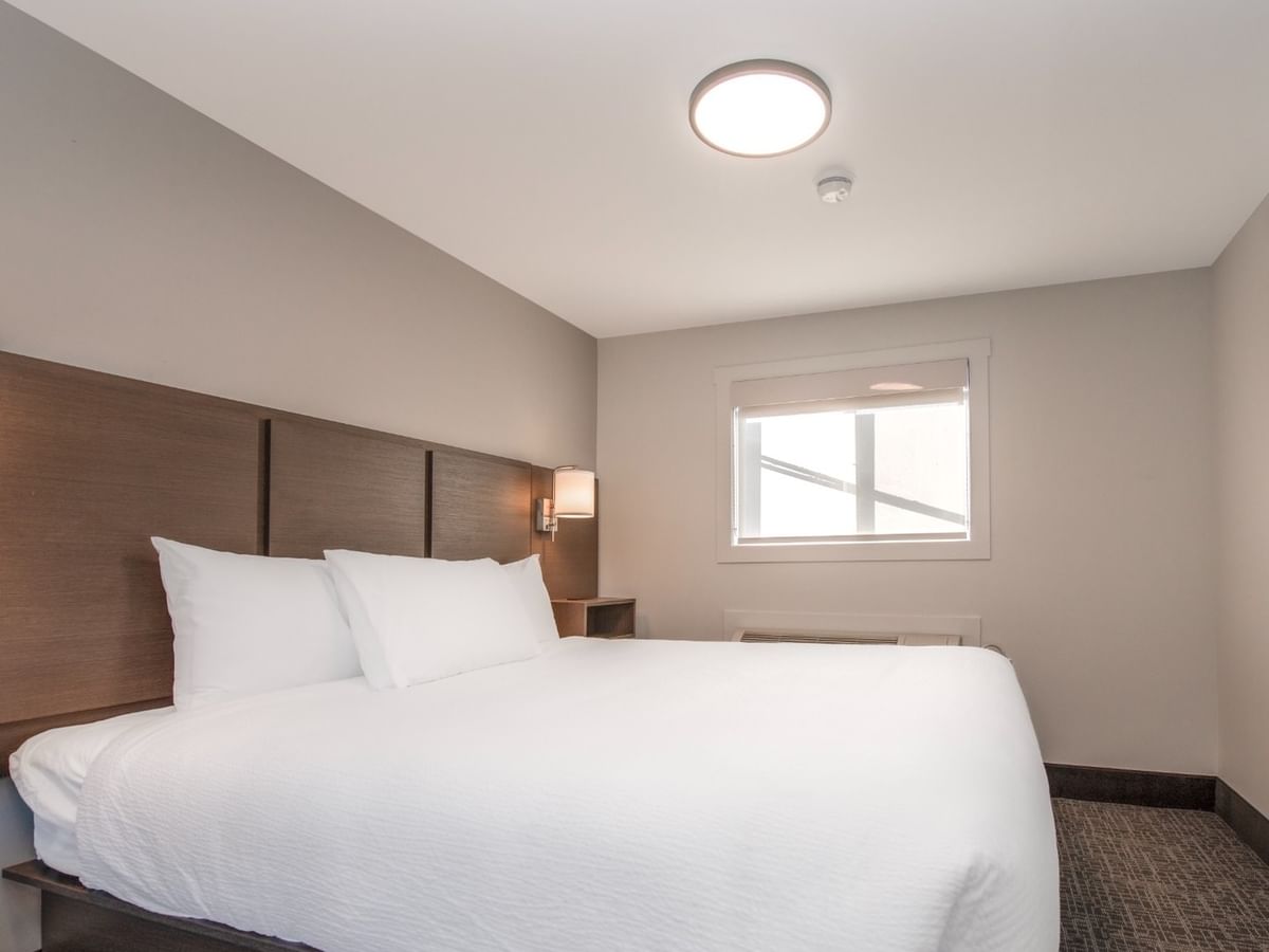 A hotel suite with king bed, a wall-mounted TV, and a window with blinds.