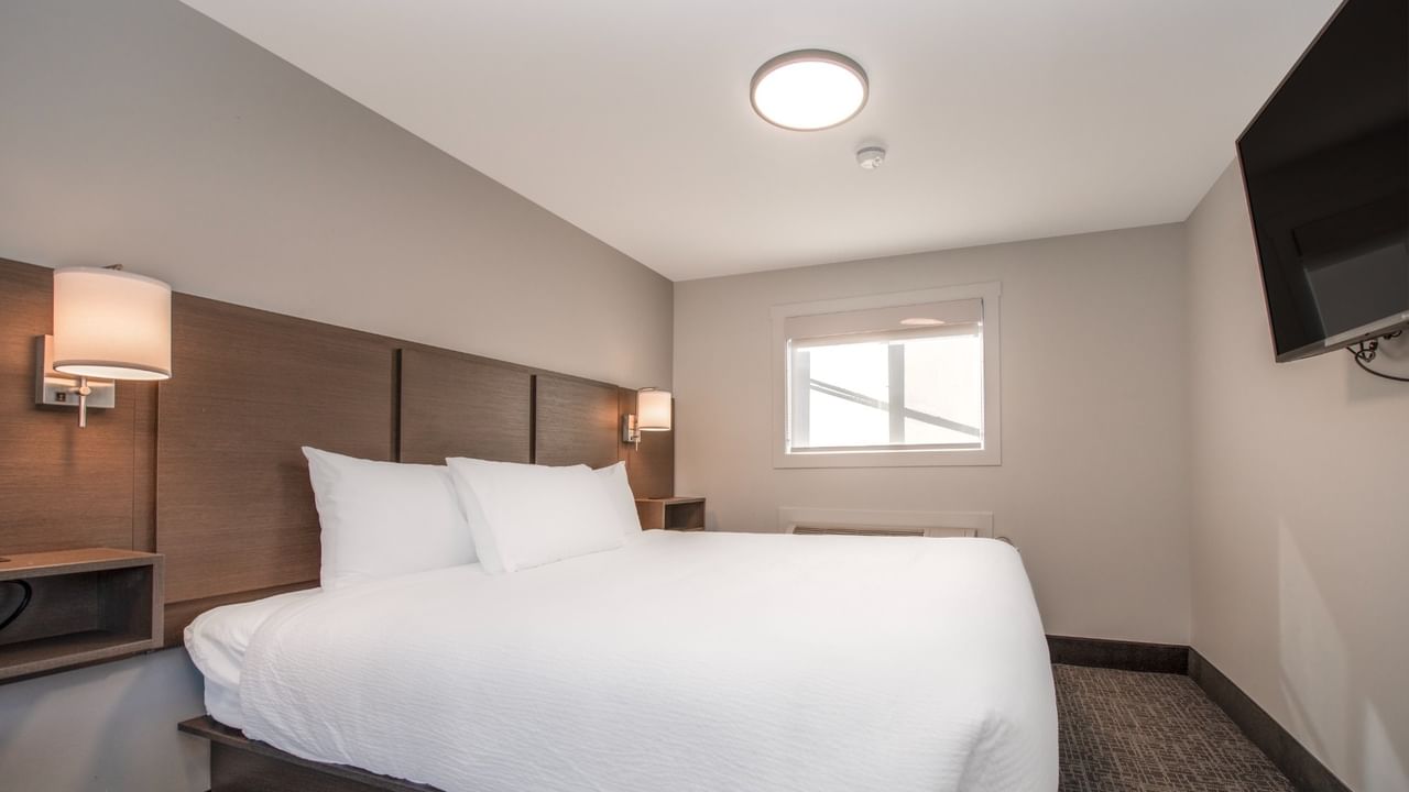A hotel suite with king bed, a wall-mounted TV, and a window with blinds.