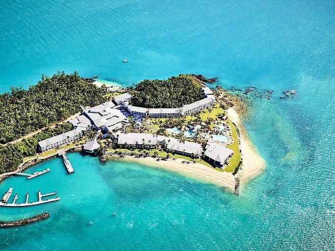 Aerial view of islands in ocean near Daydream Island Resort