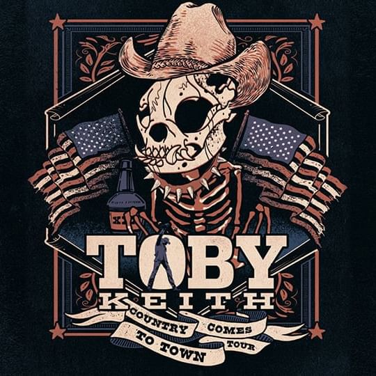 skeletal dog wearing a cowboy hat with Toby Keith logo underneath