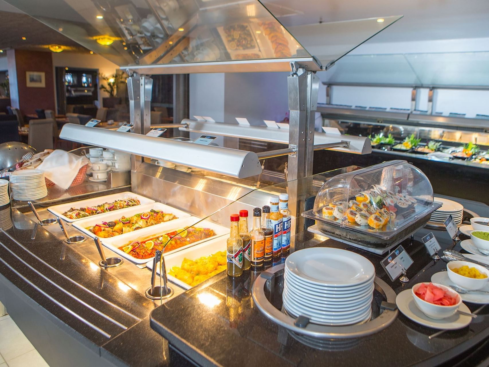 Buffet display & sauces in Whitby's Restaurant & Bar at James Cook Hotel