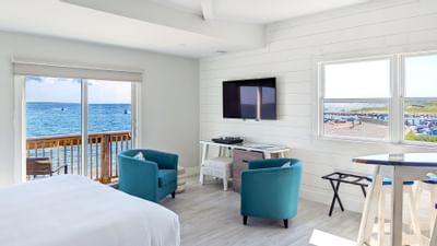 The living area of a Corner Suite Ocean View at Falmouth Tides