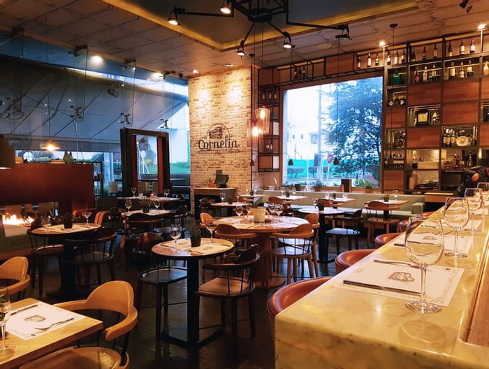 Interior of a dining area in a Restaurant at Blue Doors Hotels