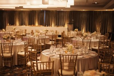 Wedding table setup in Quartz ballroom at Matrix Hotel