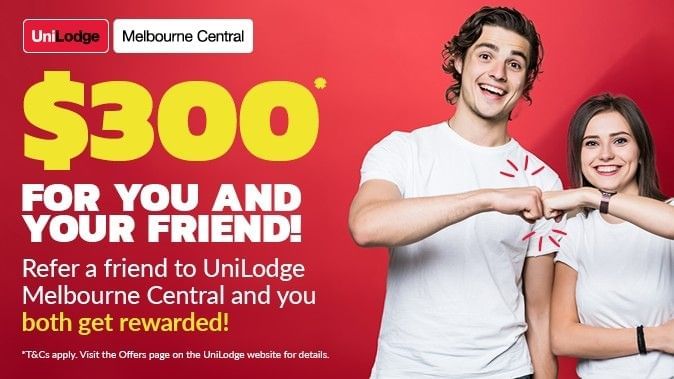 Smiling man and woman pointing at each other over a $300 reward for referring a friend to UniLodge Melbourne Central.