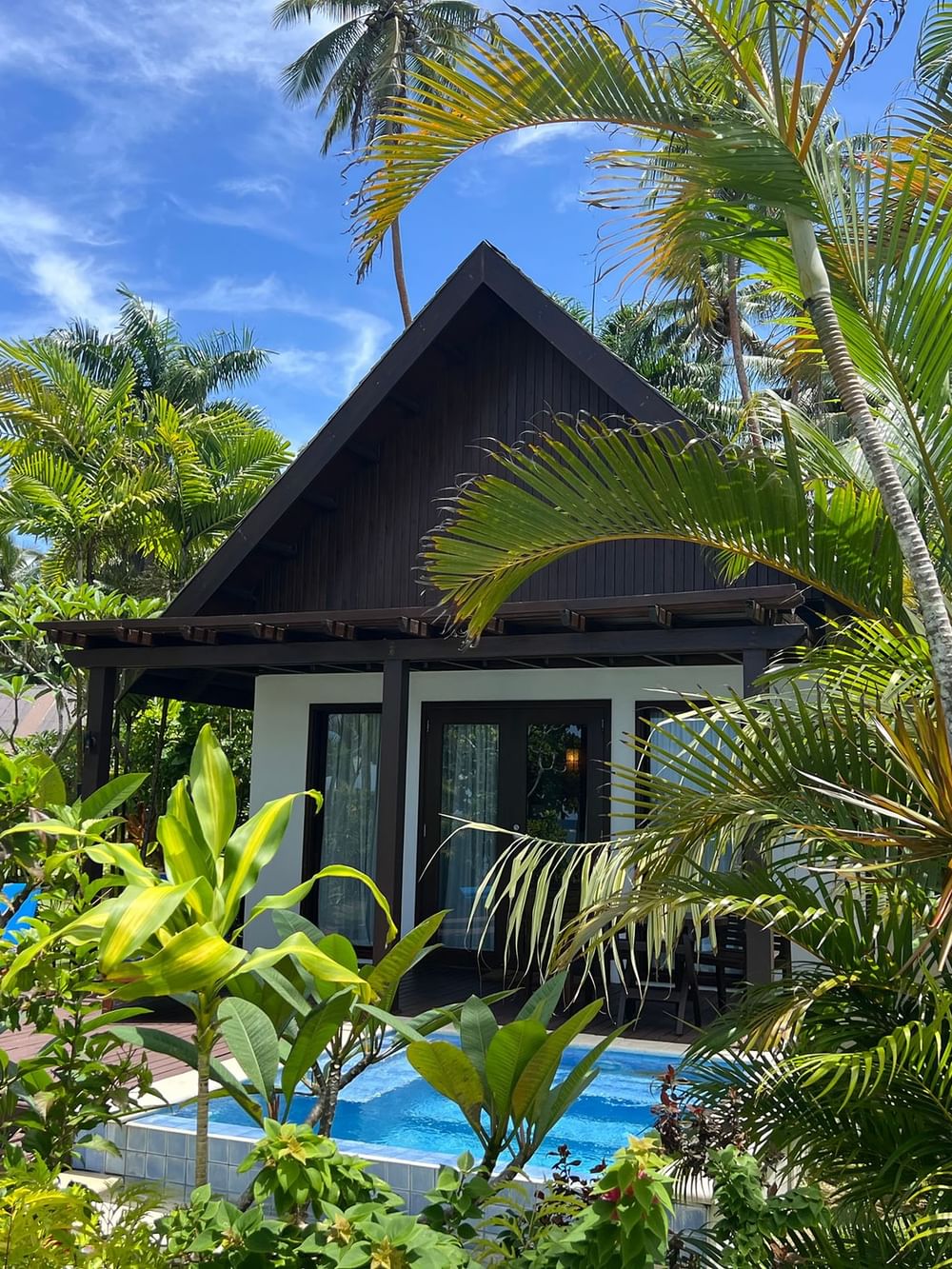 Beach Front Bure with Plunge Pool surrounded by lush greenery at Tambua Sands Beach Resort in Sigatoka.