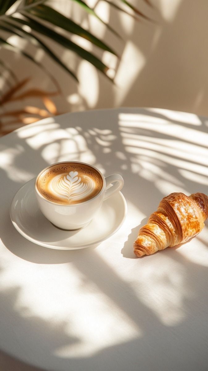 Coffee cup and croissant on white table with dramatic window light and shadows