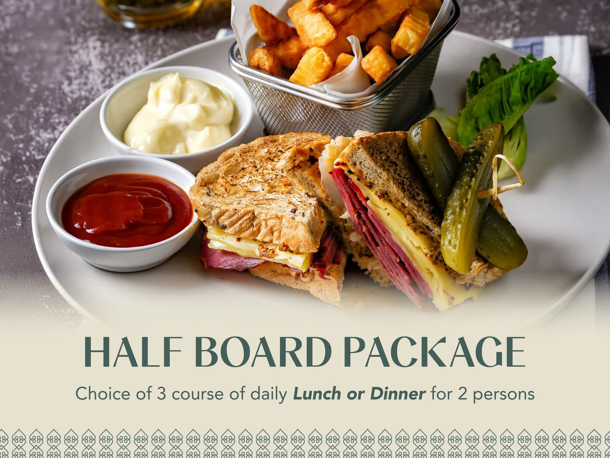 Amora Half-Board Package poster featuring a plated gourmet dish used at Amora Beach Resort Phuket