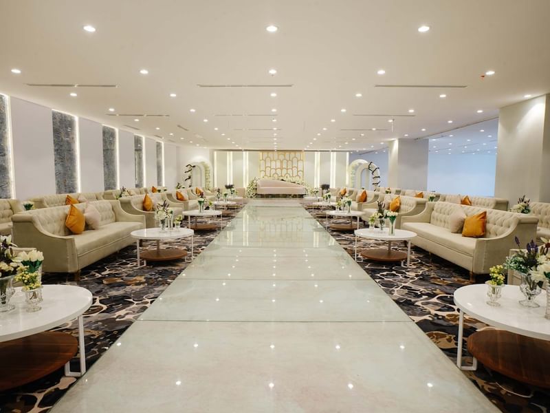 Spacious Crystal Ballroom with lounge-style seating arrangement at Cantonal Hotel by Warwick Riyadh