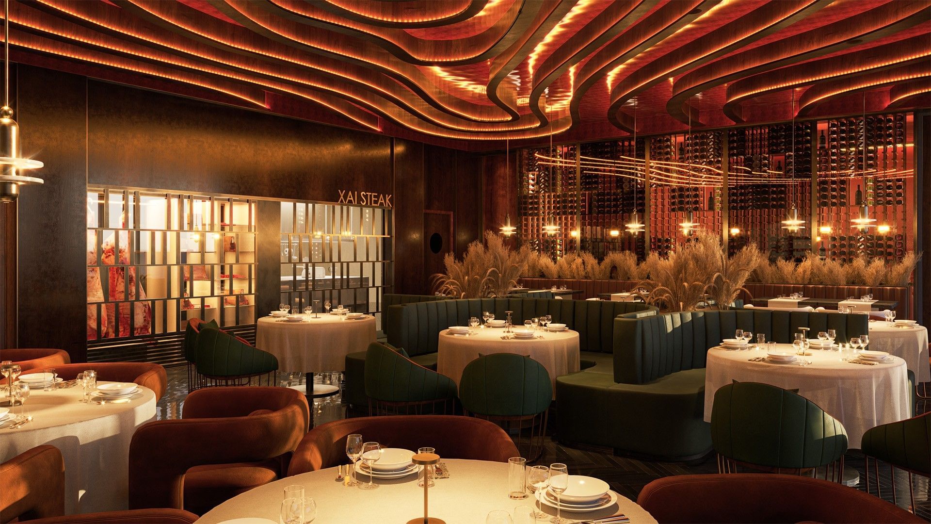 Elegante restaurante Llumea Steak en Fiesta Americana Funeeq Punta Cana con techo ondulado de madera y luz cálida