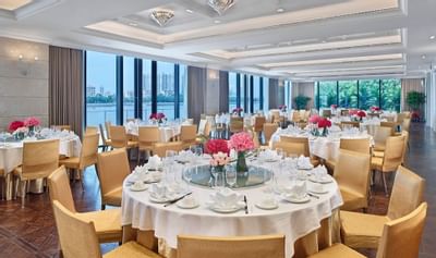 A banquet table setup in Shamian hall at hotel White Swan