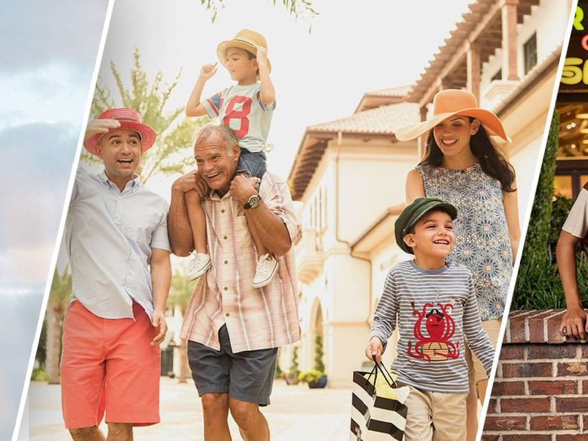 A family of five roaming the streets at Lake Buena Vista Resort Village & Spa