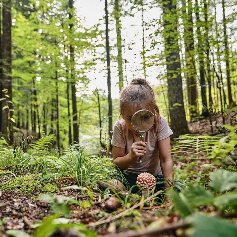 A kid exploring with a magnifying glass at Falkensteiner Hotels