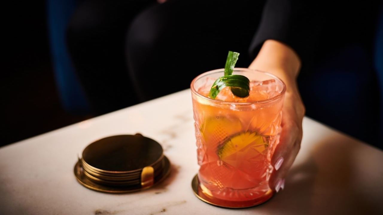 Glass of cocktail served in Meze Bar at Novotel Glen Waverley