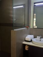 White oval sink by a walk-in shower under a large mirror and wall-mounted dryer at Warwick Hotels & Resorts