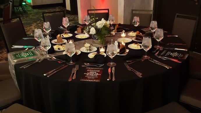Elegant dining table set up in Roosevelt Ballroom at Shangri-La Monkey Island