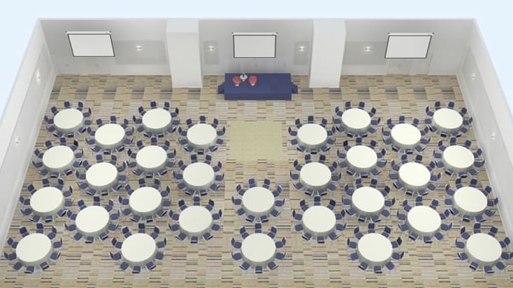 Illustration of Freshwater Ballroom with banquet set-up, stage, and patterned floor at Novotel Sydney Olympic Park