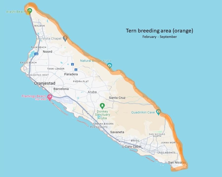 Tern breeding areas (orange)