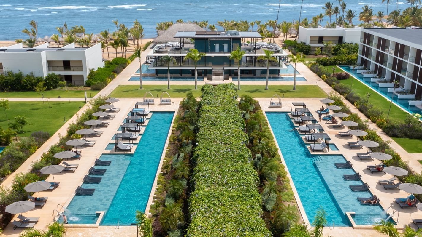 Aerial view of the pool area and pool beds at Live Aqua Resorts