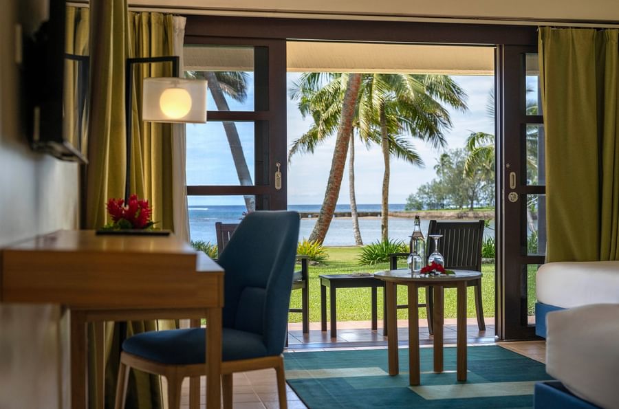 Hotel room with balcony and ocean view at The Naviti Resort - Fiji.