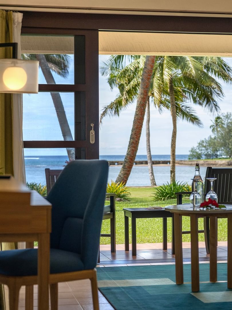 Interior of an Ocean View Room with balcony and ocean view at The Naviti Resort in Korolevu.