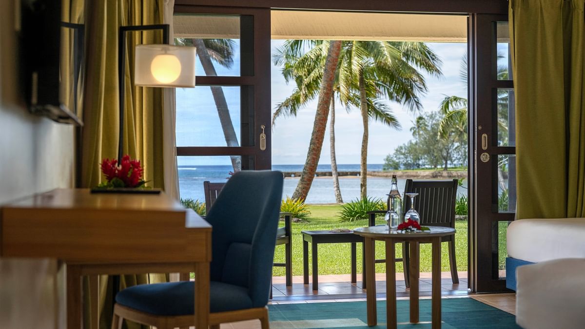 Interior of an Ocean View Room with balcony and ocean view at The Naviti Resort in Korolevu.