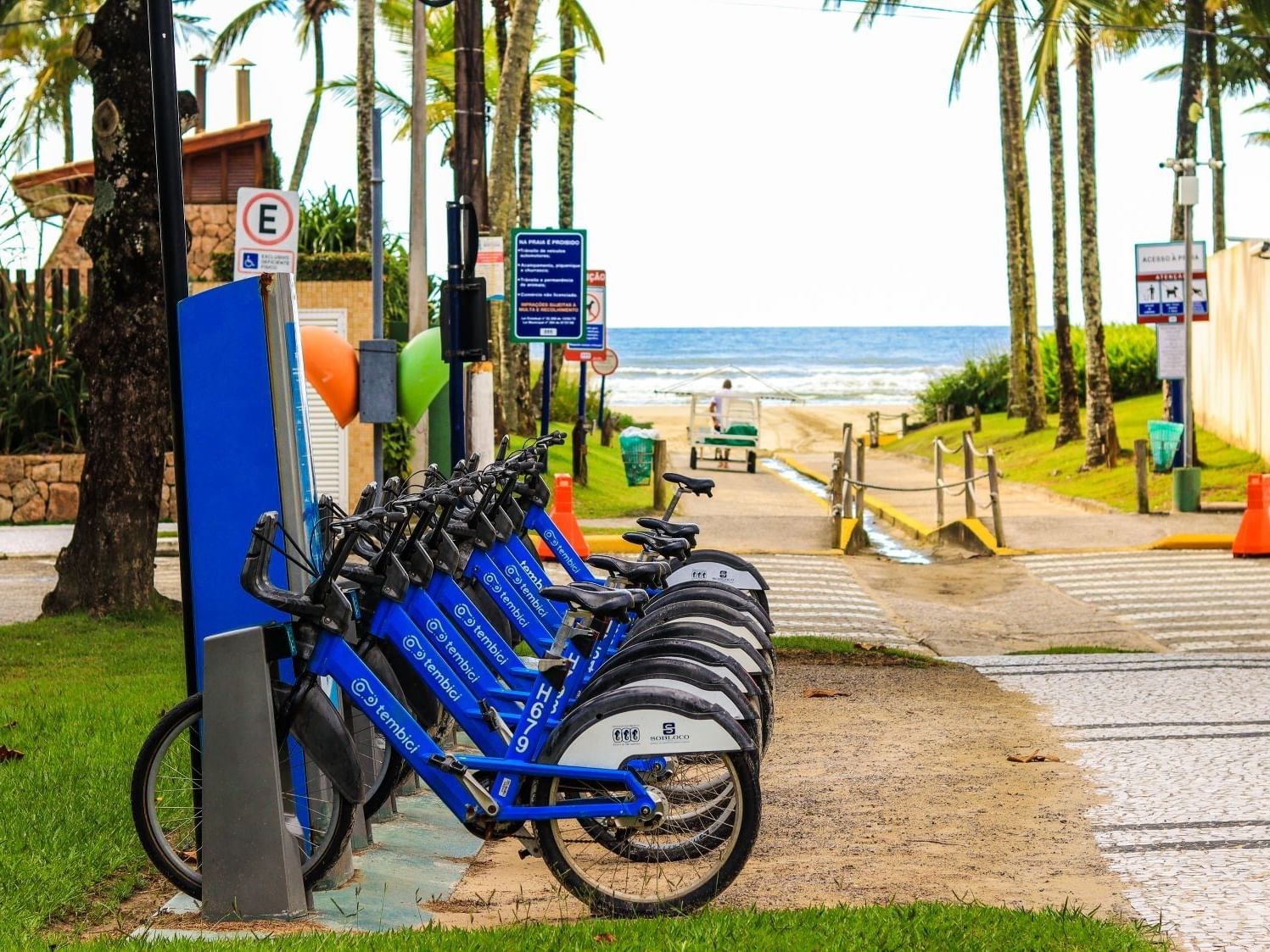Multiple blue bicycles are parked near a blue stand on a sidewalk by the beach near Tradewinds Apartment Hotel