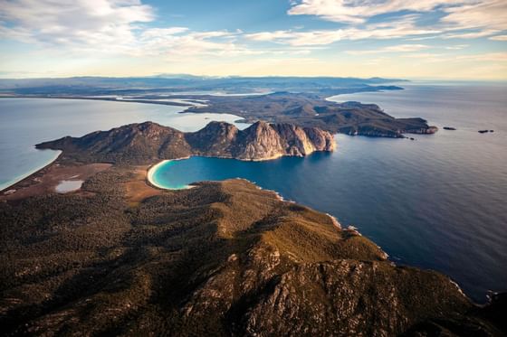 Aerial view Mountain with the lake near Freycinet Lodge