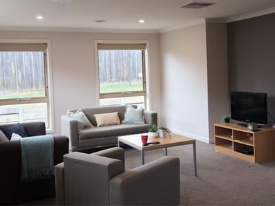 Comfortable living room with couches, coffee table, TV, and windows at La Trobe University Regional Housing – Melton.
