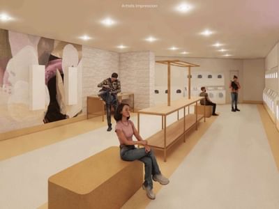 Artistic rendering of a modern laundry room with several guests at UniLodge Brisbane City.