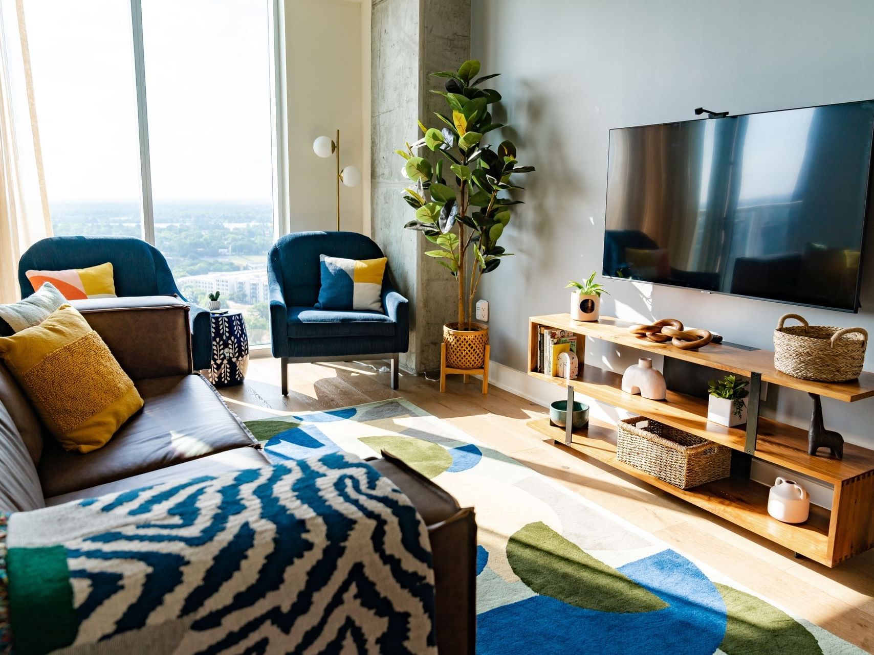 Modern Living Room in Sunrise Chic Suite at Austin Condo Hotel