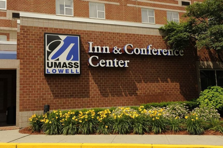 Exterior view of the entrance sign to  UMass Lowell Inn