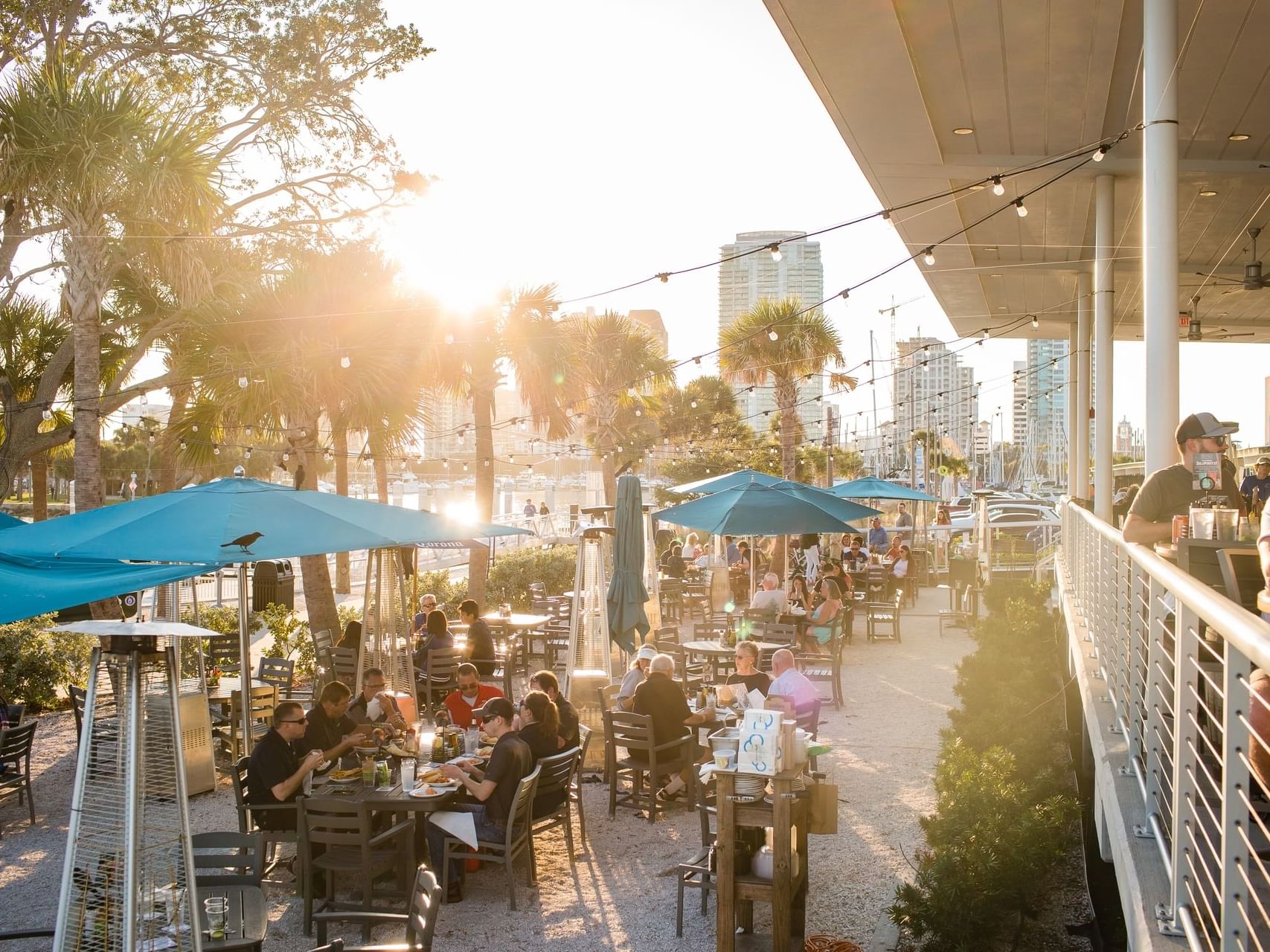 St. Pete Pier with people dining near The Exchange Hotel