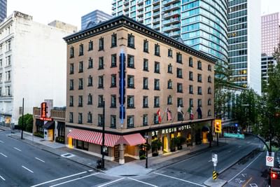 The St. Regis Hotel front view capturing the entrance with surrounding roads, a boutique hotel in Vancouver
