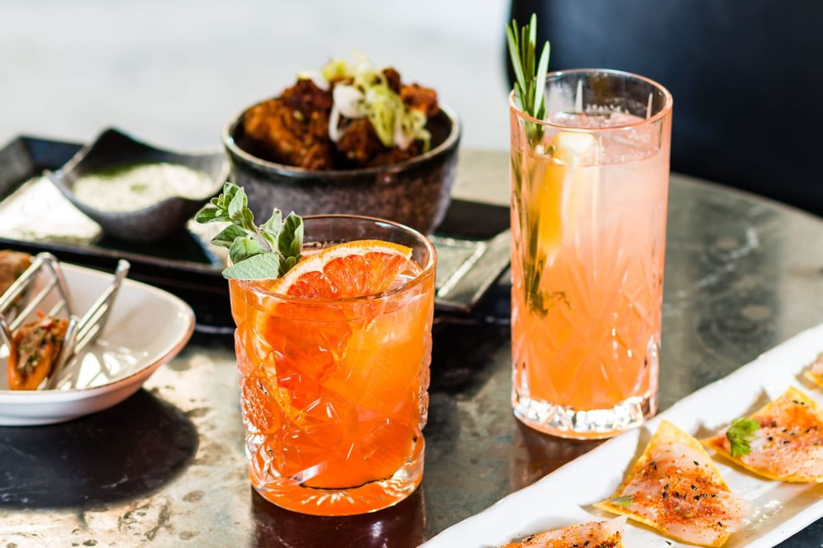 Closeup on juice glasses at The May Fair Hotel London
