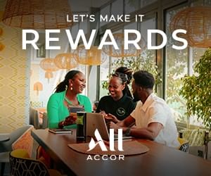 a couple on a meeting ordering something. A text that says "let's make it rewards"  on the top of the image and the Logo of ALL accor at the bottom of the image