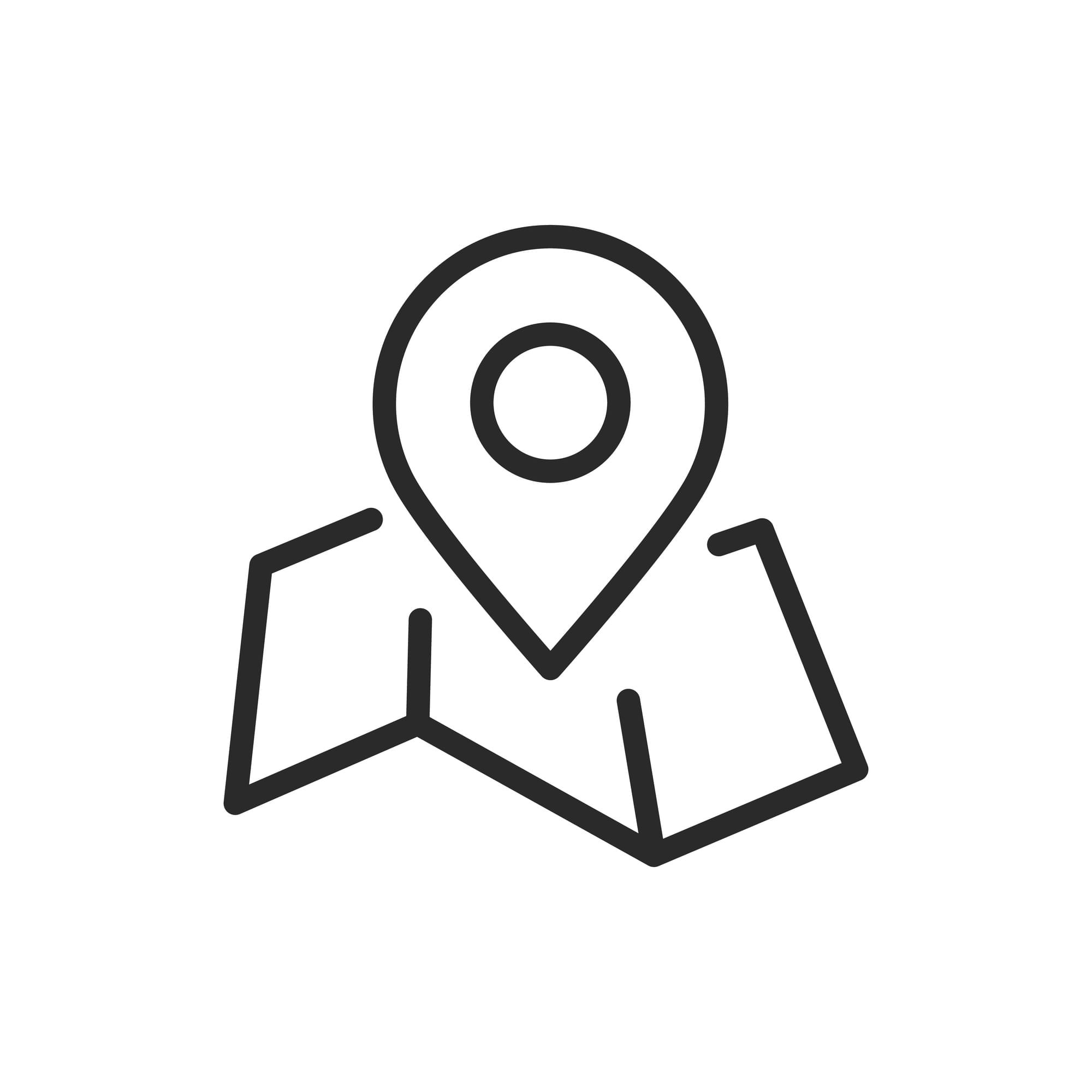 Black and white icon of a map with a pin symbolising a specific location.